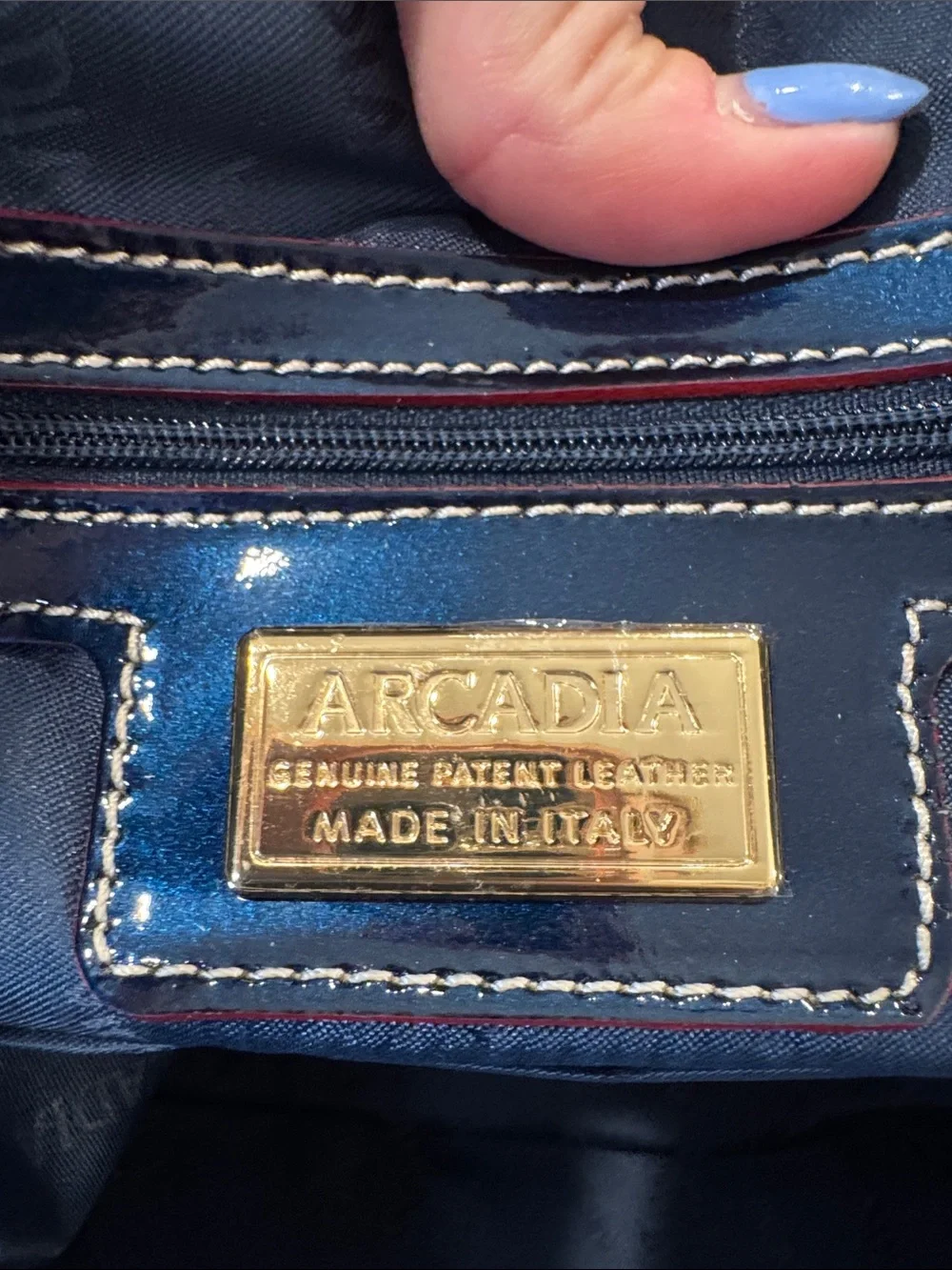 Arcadia Patent Dome Satchel in Navy with Red Trim
